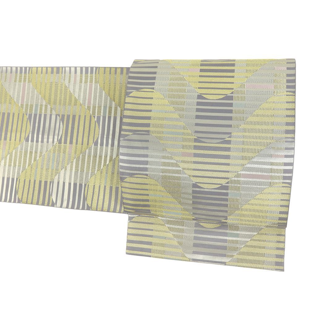 袋帯 正絹 引箔 グレー 金糸 縞 波 流水 横段 幾何学 リサイクル フォーマル お洒落 仕立て上がり 礼装用 No.i 6-2505