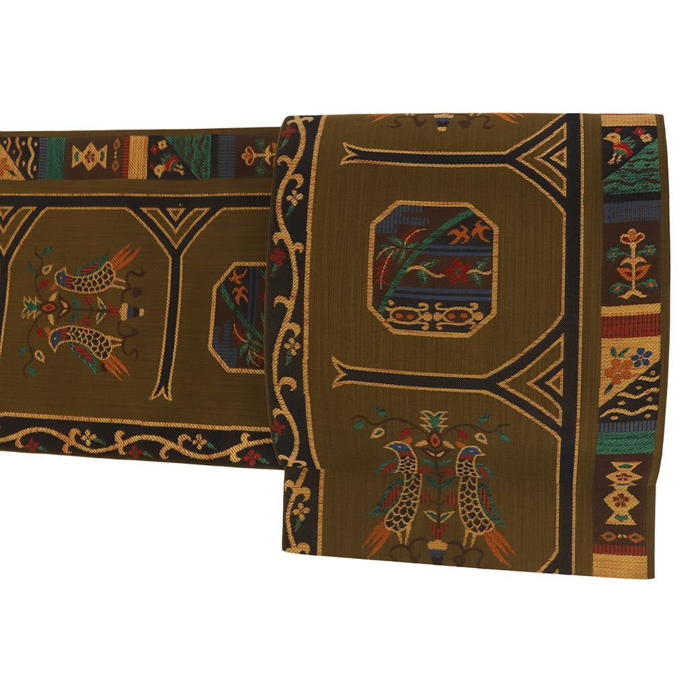 袋帯 正絹 茶 花 鳥 個性的 リサイクル 帯 カジュアル 着物 仕立て上がり No.i 6-2510