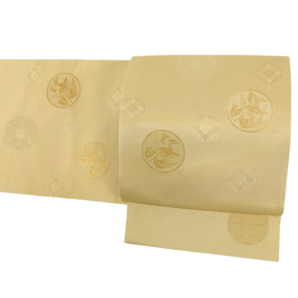 袋帯 色無地 正絹 黄色 金 華文 唐織 リサイクル 帯 礼装用 セミフォーマル 仕立て上がり No.i 6-2514