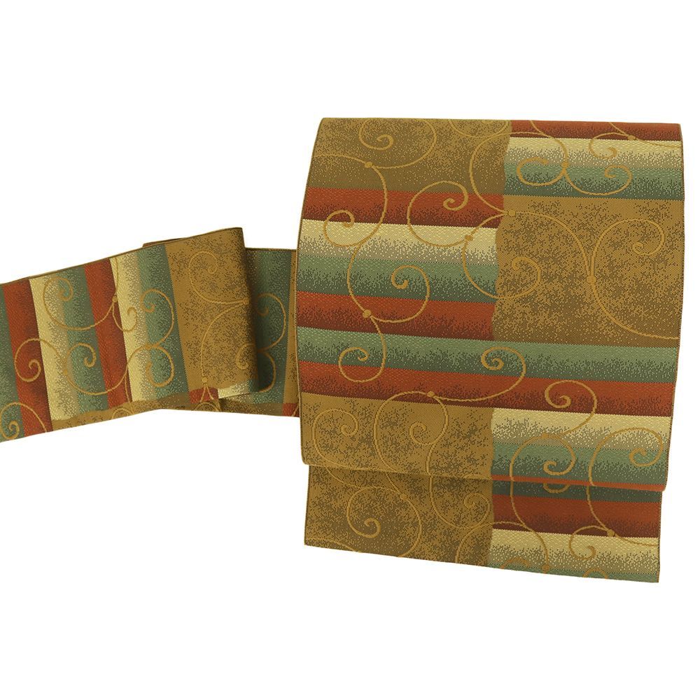 名古屋帯 正絹 茶 黄土色 花唐草 市松 横段 カジュアル お洒落 仕立て上がり 八寸 No.i 6-2527