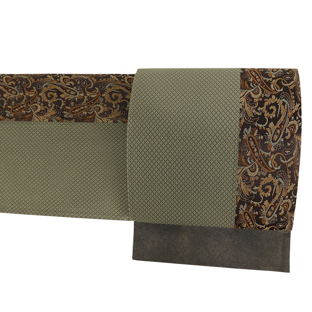 袋帯 正絹 緞子 茶 緑 ペイズリー 七宝 帯 カジュアル 着物 仕立て