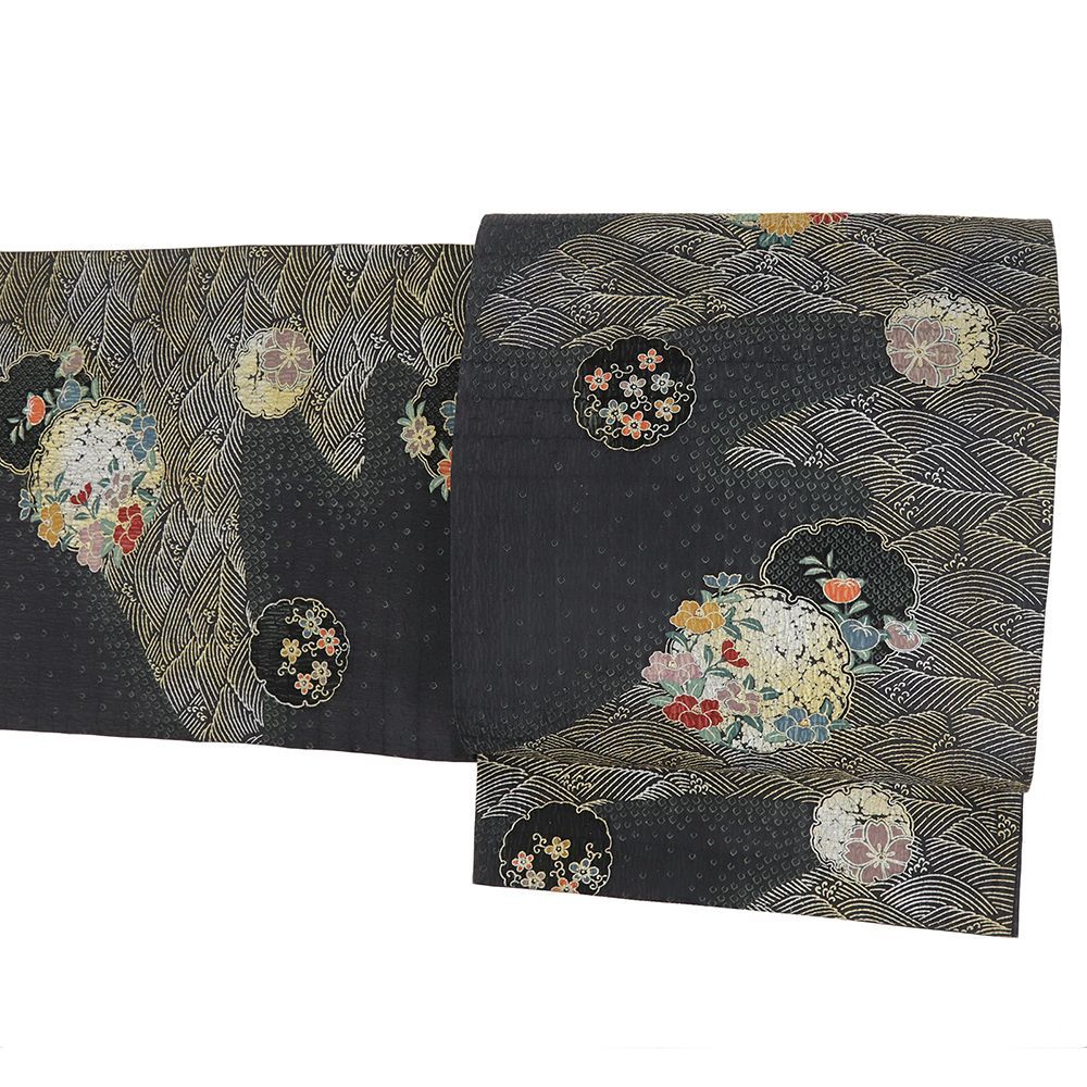 袋帯 全通 正絹 ふくれ織 帯 墨黒 花 桜 椿 花唐草 雪輪 波 友禅染 金彩加工 カジュアル 着物 リサイクル 仕立て上がり No.i 6-2504