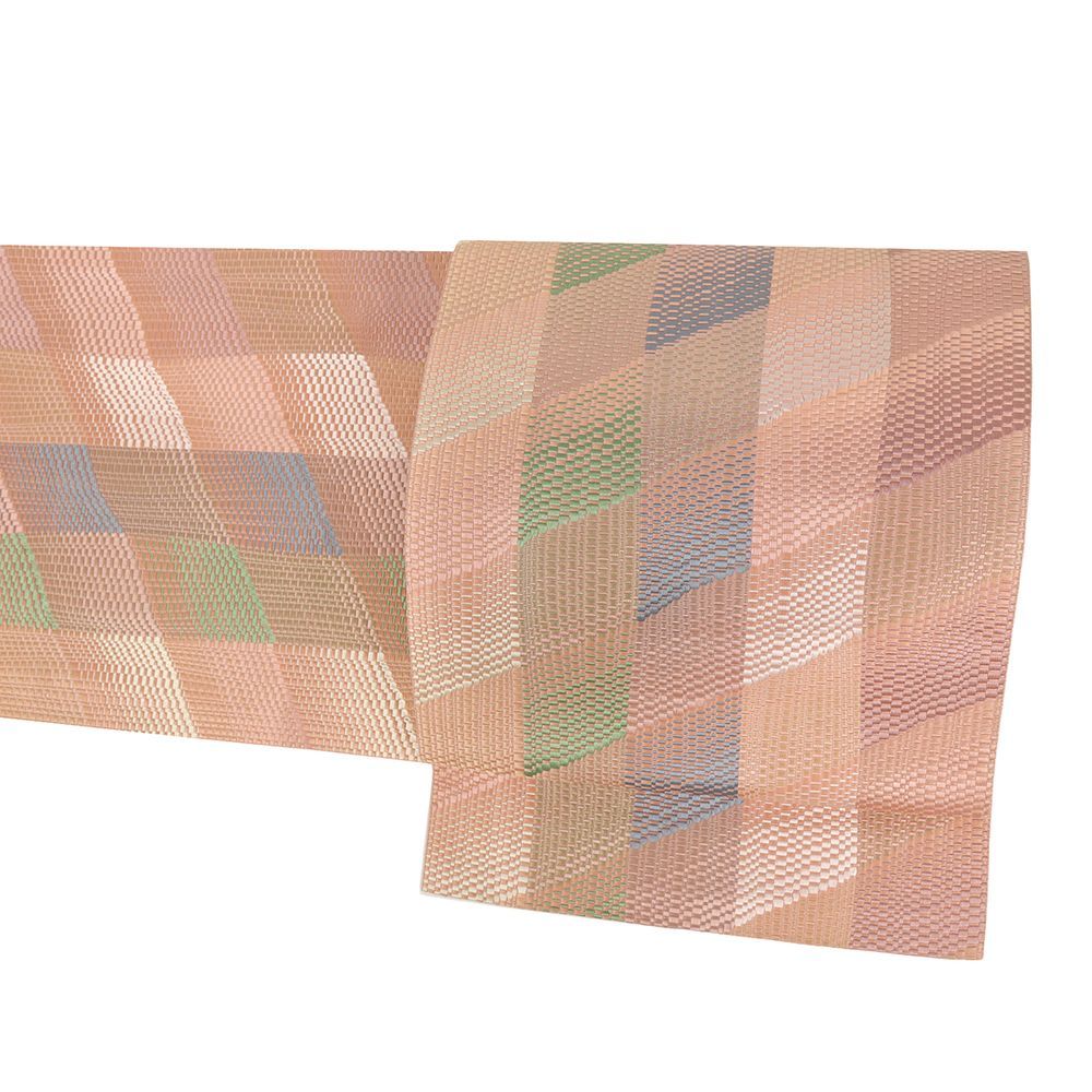 博多織 名古屋帯 正絹 ピンクベージュ チェック 格子 仕立て上がり カジュアル お洒落 八寸名古屋帯 No.i 6-2522