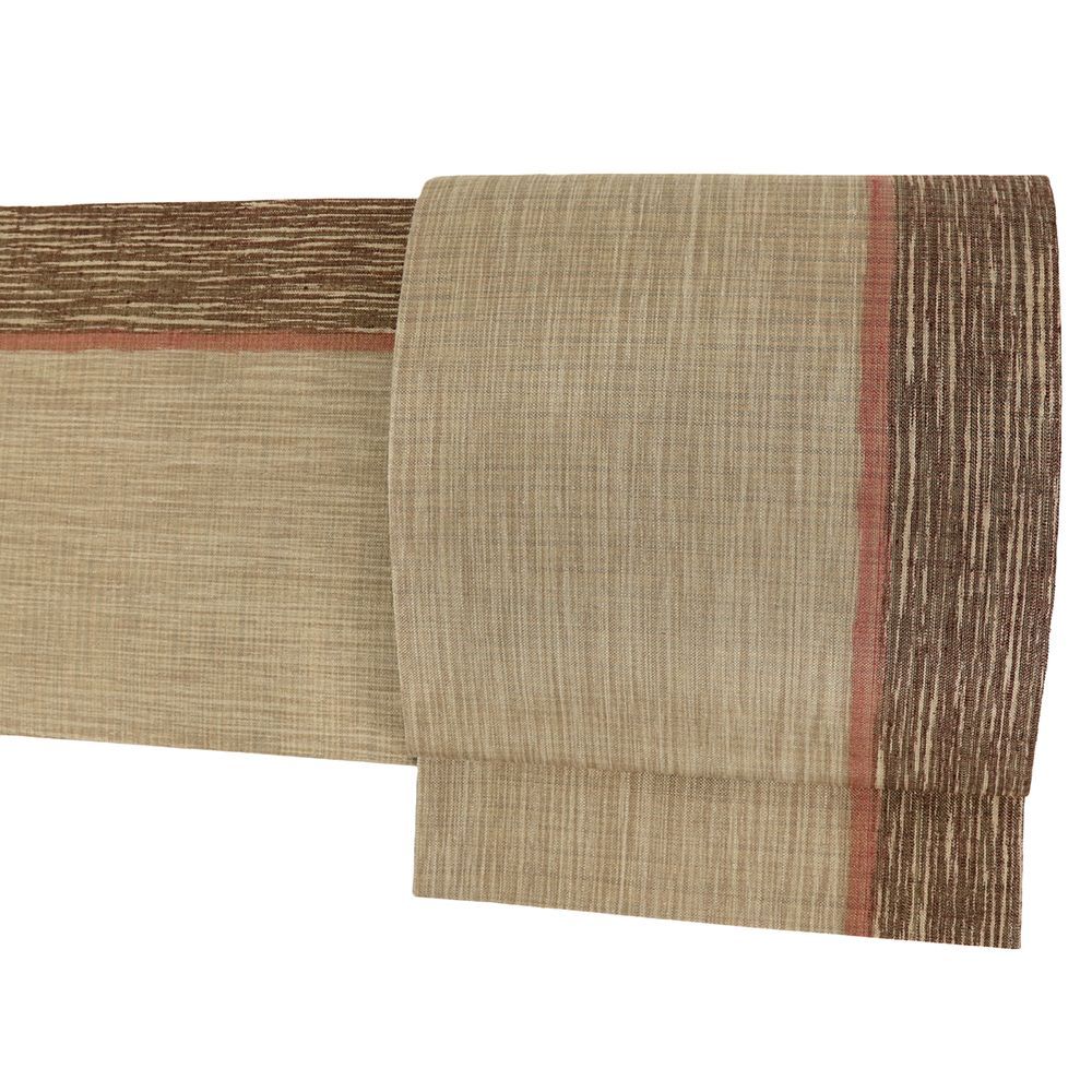 袋帯 紬 全通 正絹 茶 ベージュ 縞 金通し リサイクル 帯 西陣織 カジュアル 着物 仕立て上がり No.i 6-2508