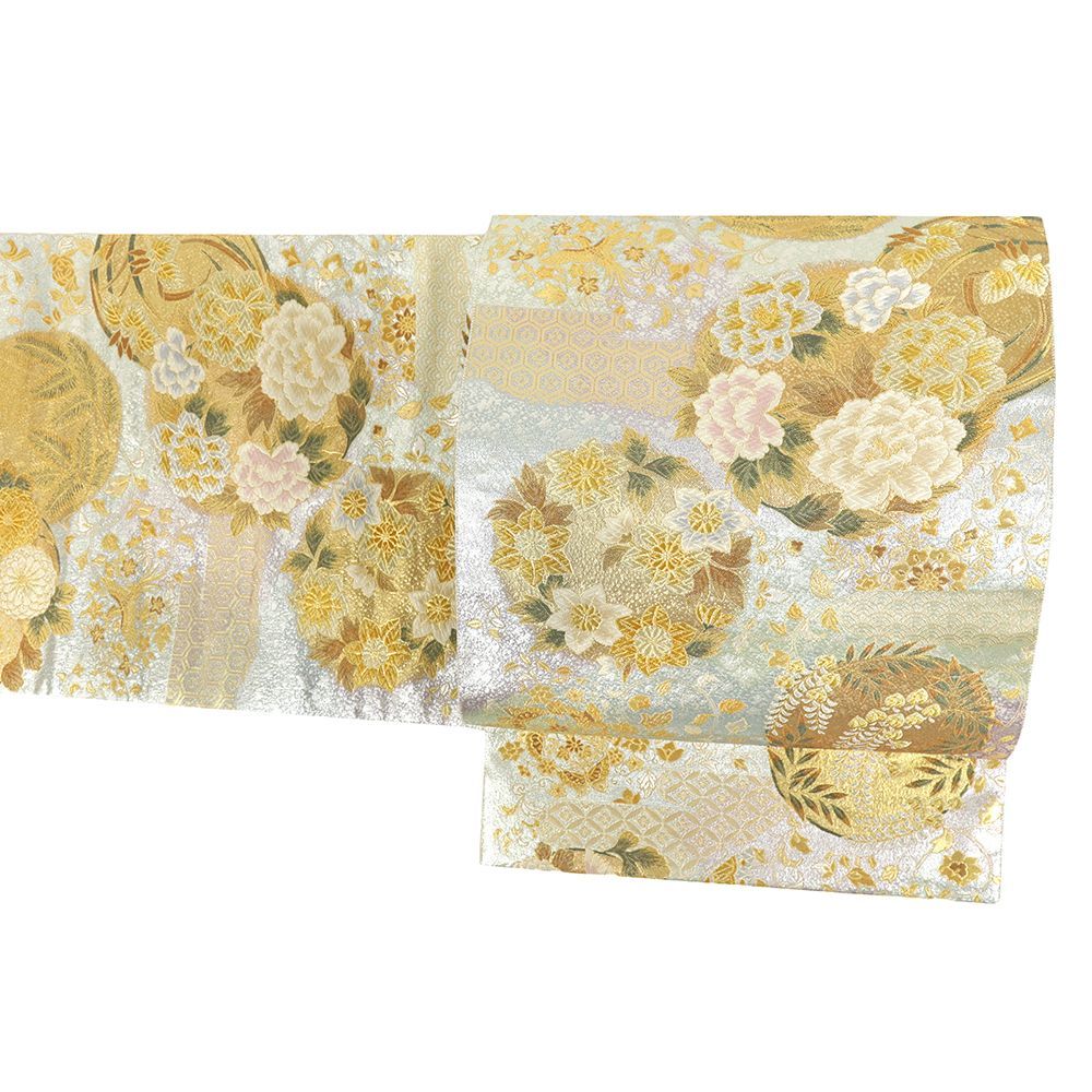 袋帯 正絹 引箔 金糸 牡丹 桔梗 菊 藤 鳥 華文 花の丸 長嶋 リサイクル フォーマル お洒落 仕立て上がり 礼装用 No.i 6-2507