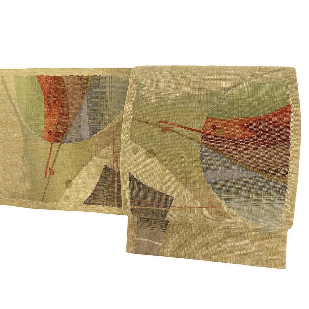 名古屋帯 渡文 正絹 真綿紬 ベージュ 幾何学 仕立て上がり リサイクル カジュアル 帯 お洒落 八寸 No.i 6-2520