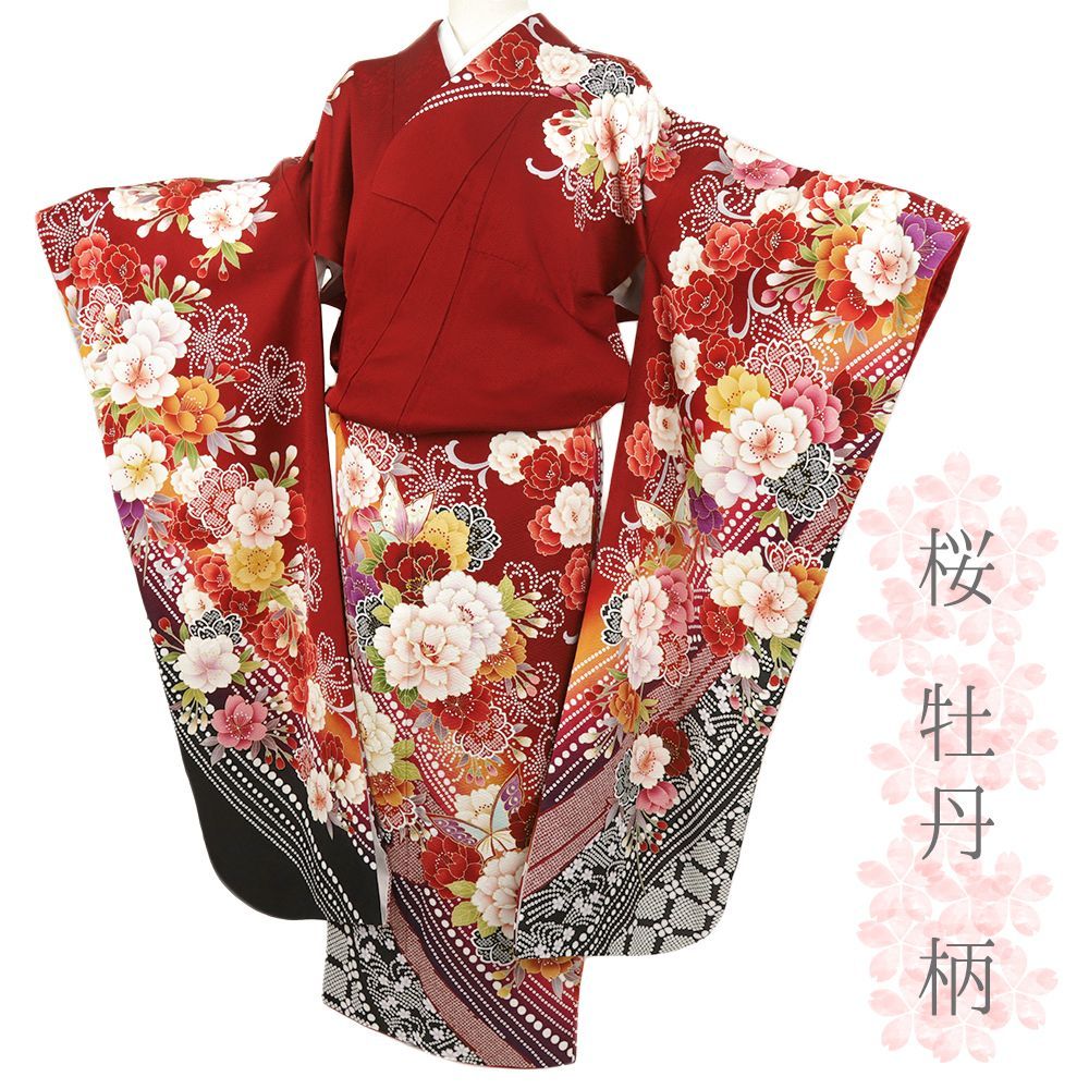 振袖 成人式 正絹 赤 桜 牡丹 着物 リサイクル 仕立て上がり 縮緬 身丈165.5 cm 裄67 Lサイズ 礼装用 フォーマル 結婚式 No.i 3-0967