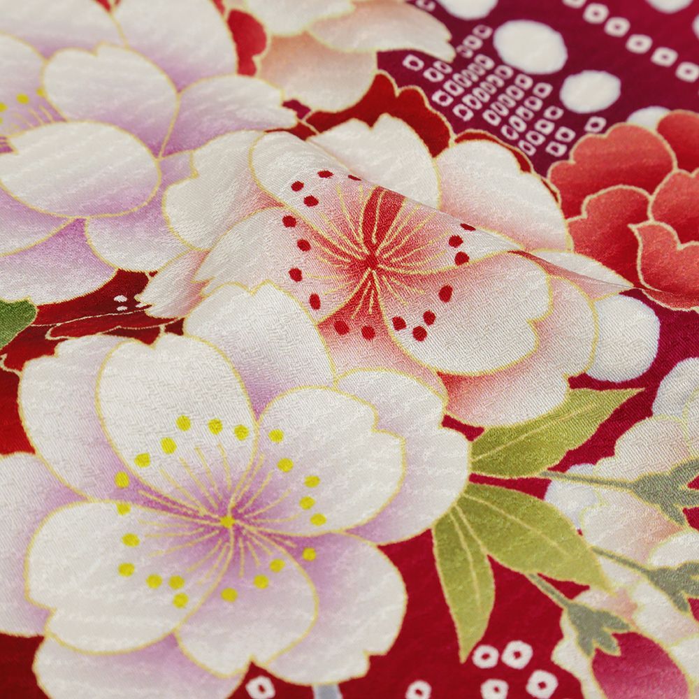 振袖 成人式 正絹 赤 桜 牡丹 中古 着物 リサイクル 仕立て上がり 縮緬