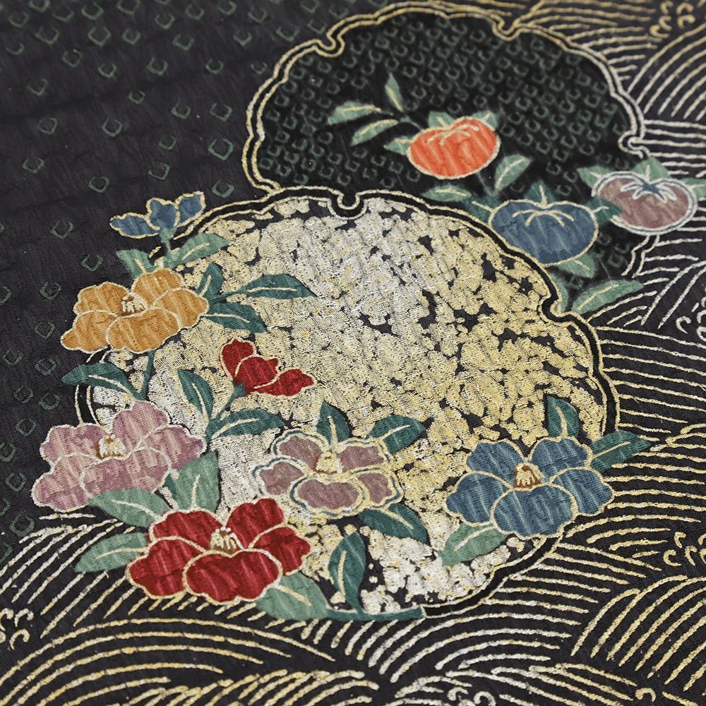袋帯 全通 中古 正絹 ふくれ織 帯 墨黒 花 桜 椿 花唐草 雪輪 波