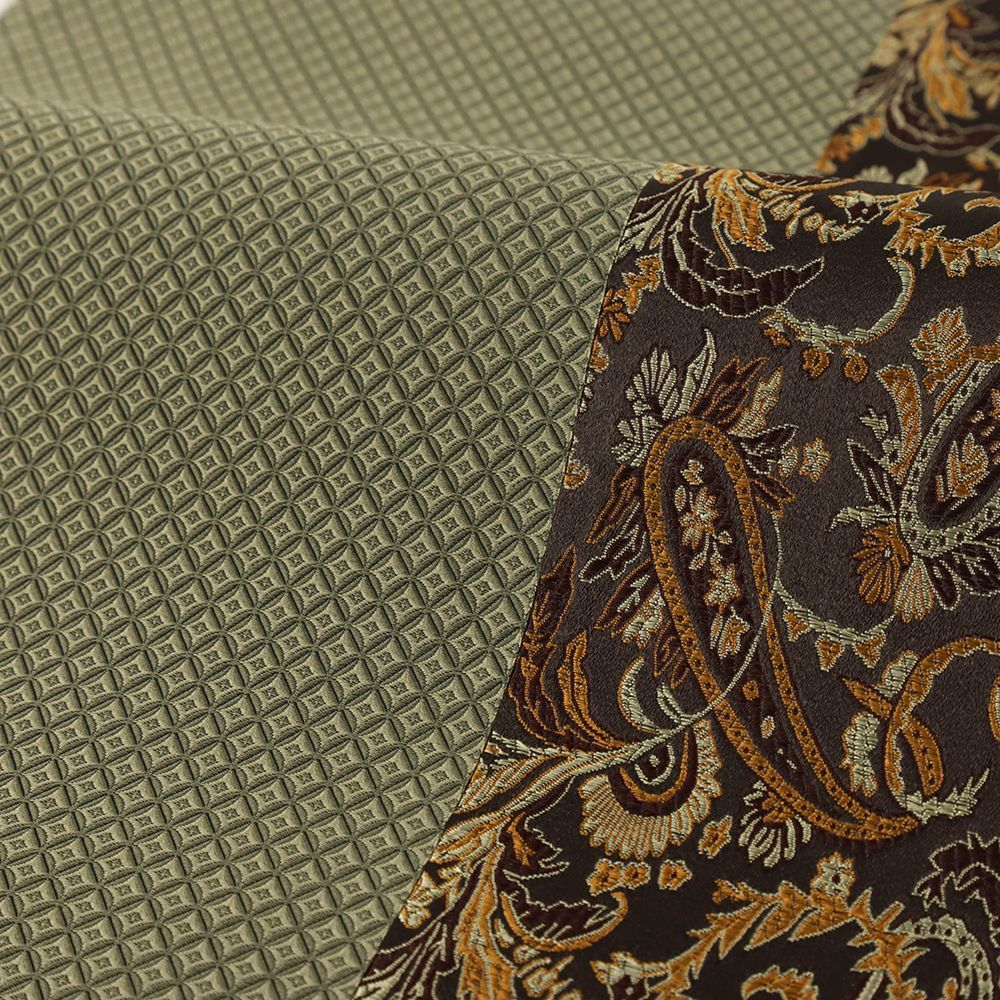  袋帯 正絹 緞子 茶 緑 ペイズリー 七宝 帯 カジュアル 着物 仕立て上がり No.i 6-2511 袋帯 帯