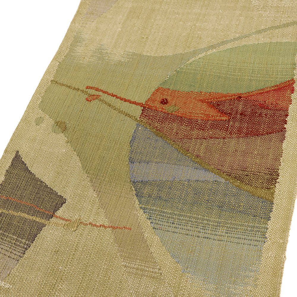  名古屋帯 渡文 正絹 真綿紬 ベージュ 幾何学 仕立て上がり リサイクル カジュアル 帯 お洒落 八寸 No.i 6-2520 名古屋帯 帯