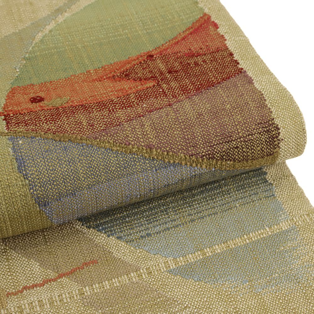 名古屋帯 渡文 正絹 真綿紬 中古 ベージュ 幾何学 仕立て上がり