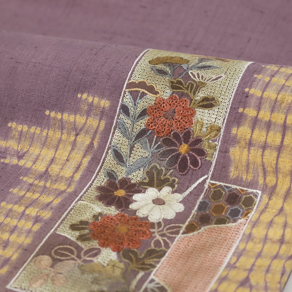 名古屋帯 生紬 正絹 中古 蘇州刺繍 相良刺繍 絞り 花 桔梗 萩 菊 七宝