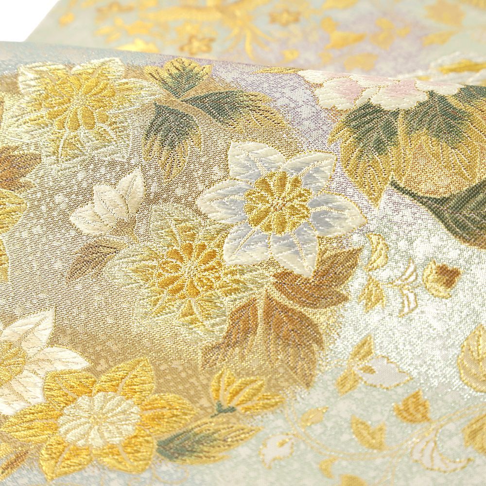 袋帯 正絹 引箔 金糸 牡丹 桔梗 菊 藤 鳥 華文 花の丸 長嶋 リサイクル