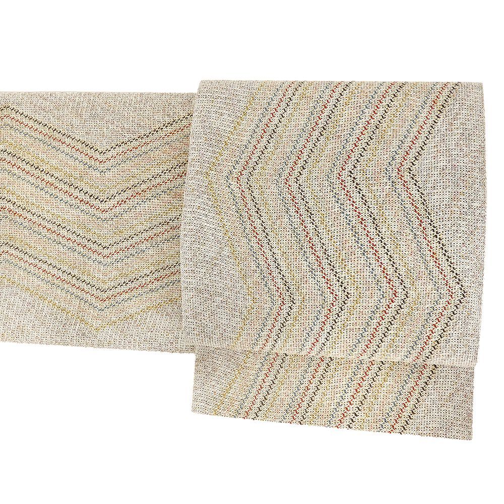 名古屋帯 滋賀喜織物 正絹 白 生成 赤 幾何学 リサイクル カジュアル お洒落 仕立て上がり 八寸 No.i 6-2529