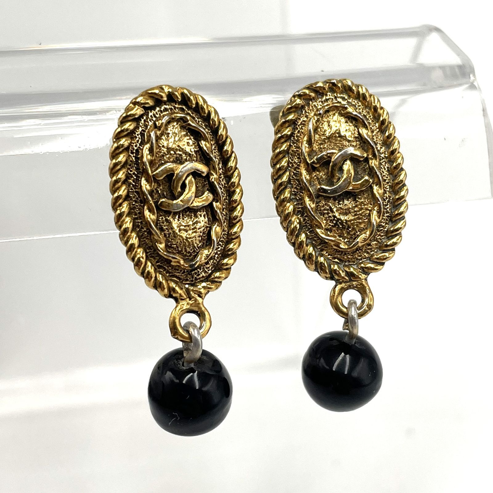 ビンテージ CHANEL シャネル ココマーク ゴールドメッキ ブラックパール イヤリング 2099 レディース 当店基準真贋 済