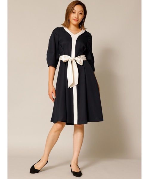 TONAL トーナル バイ ツイルパフスリーブフ ワンピース 38 ネイビー