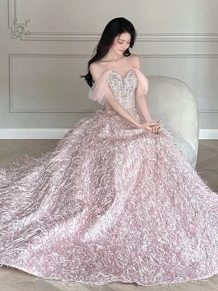 オフショル ピンク ロング パーティー ドレス 結婚式 前撮り