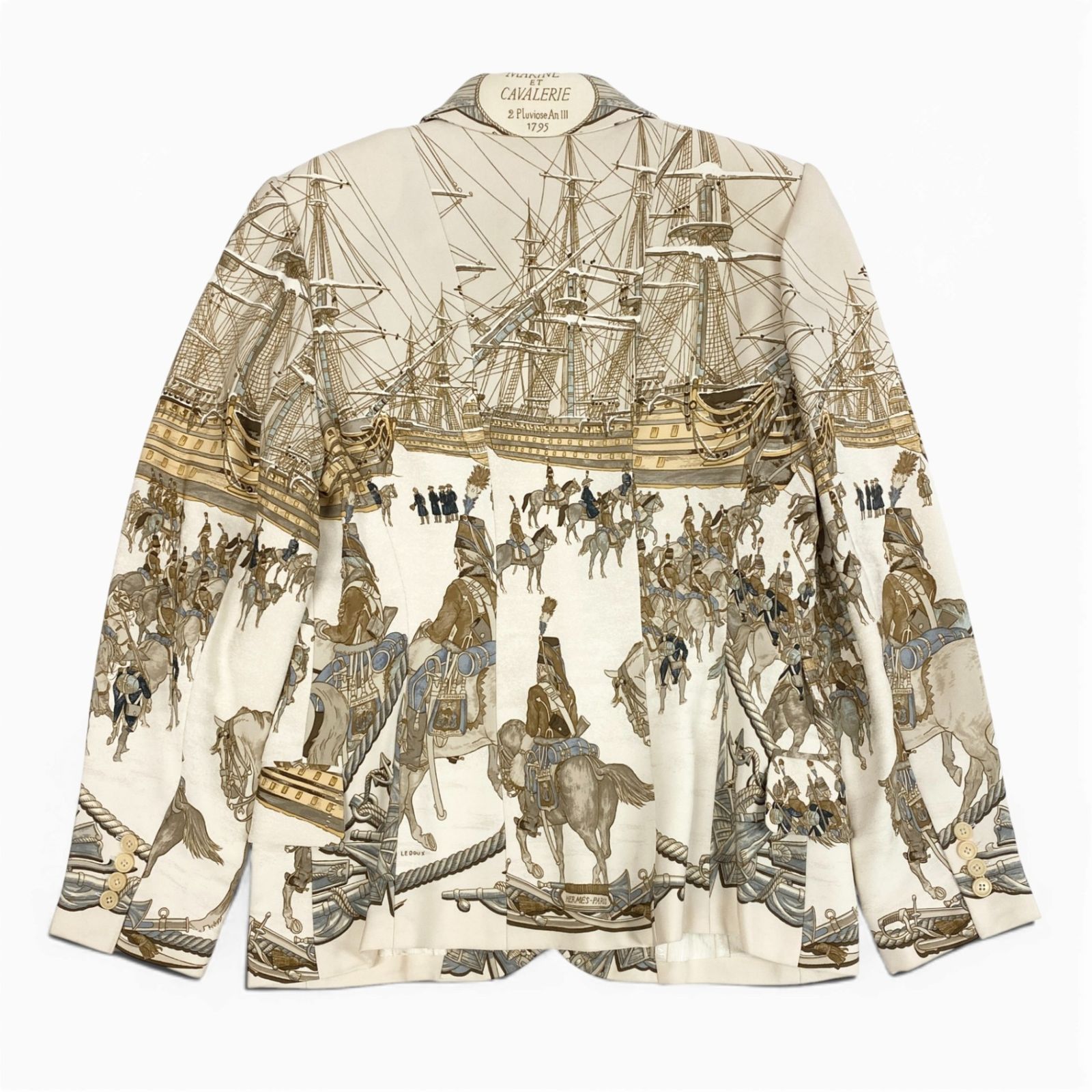 35 L 19 Vintage HERMES エルメス 海と騎兵隊 テーラードジャケット シルクジャケット 総柄 42 アイボリー系 シルク レディース 女性用 フランス製u 02 t