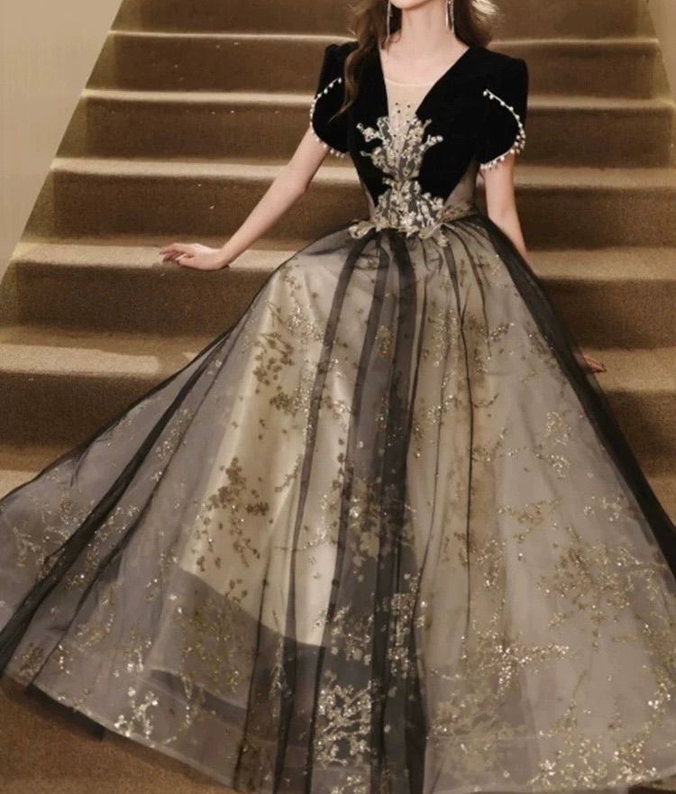 パール 袖あり ロングドレス パーティー 結婚式 発表会 ラメ グリッター 秋冬