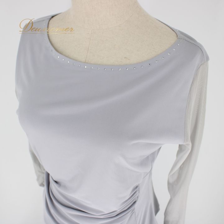 社交ダンス 衣装 上下セット ツーピース レッスンウェア パーティ衣装 オールシーズン グレイ系 ラインストーン 光沢感 シンプル 軽量 伸縮性 リーズナブル 女性用ファッション おしゃれ 薄手 快適 パーティ用 ダンスレッスン