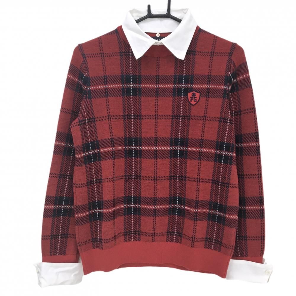 美品】パーリーゲイツ セーター レッド×ネイビー チェック 襟・袖口