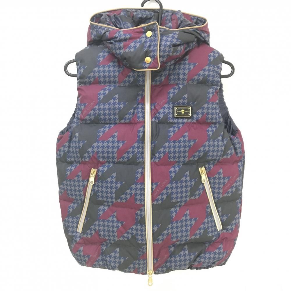 マークアンドロナ ダウンベスト ネイビー×グレー×ボルドー 千鳥格子 フード取外し可 レディース M ゴルフウェア MARK＆LONA