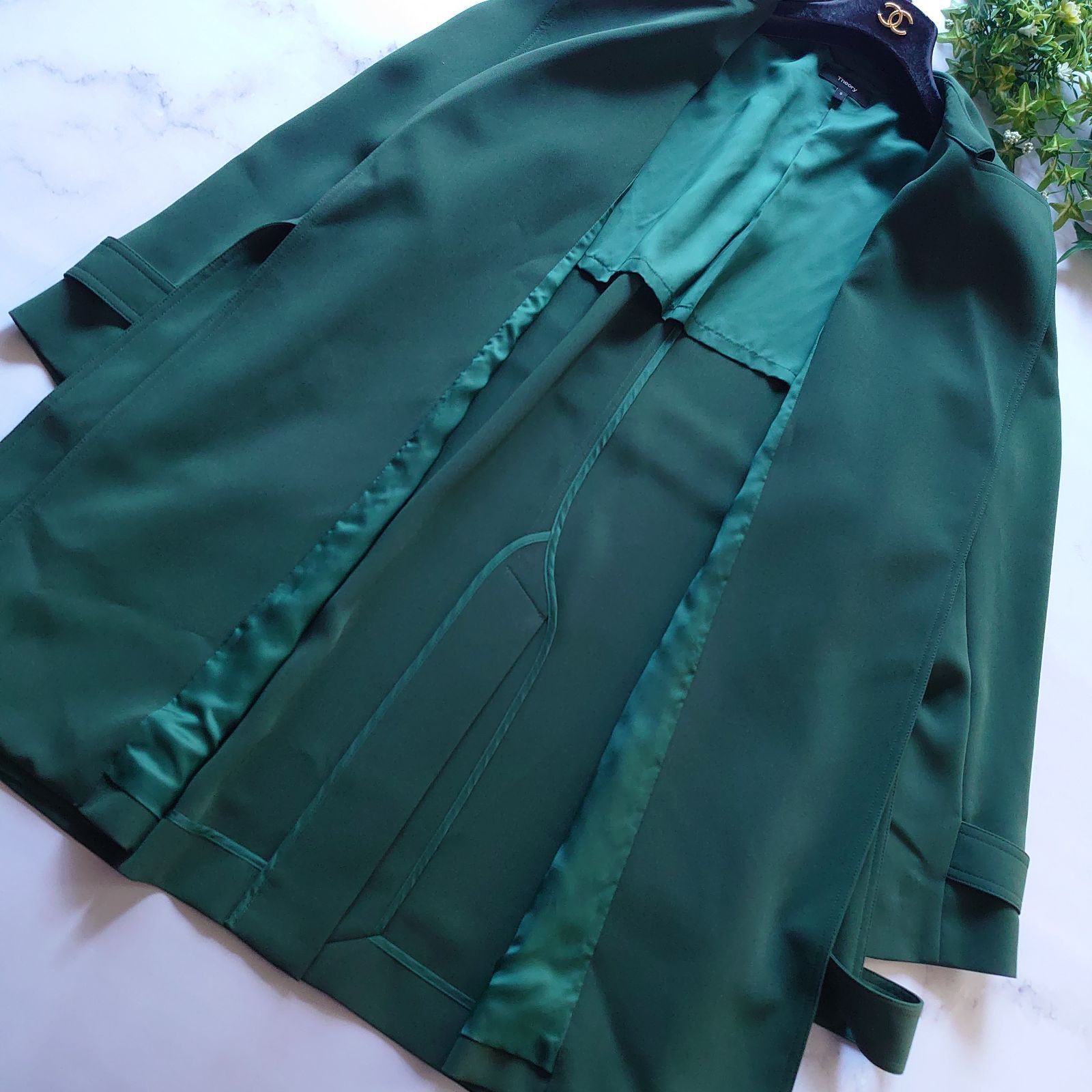  21 SS セオリー Short Oaklane トレンチコート 緑 ベルト S トレンチコート スプリングコート ジャケット アウター