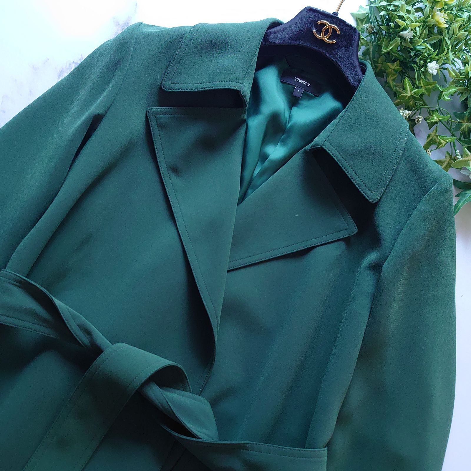 21 SS セオリー Short Oaklane トレンチコート 緑 ベルト S