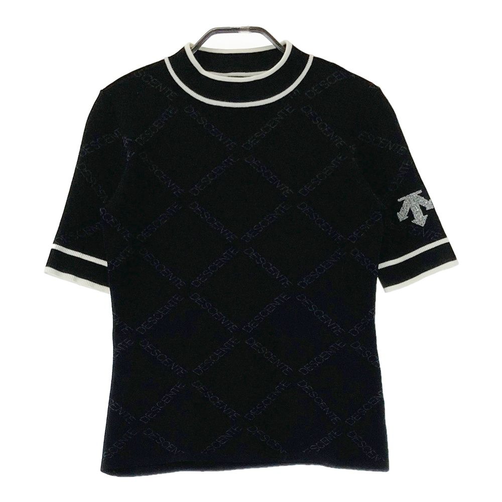 サイズ M GOLF デサントゴルフ モックネック 半袖ニットシャツ ロゴ総柄 ブラック系 ゴルフウェア レディース ストスト