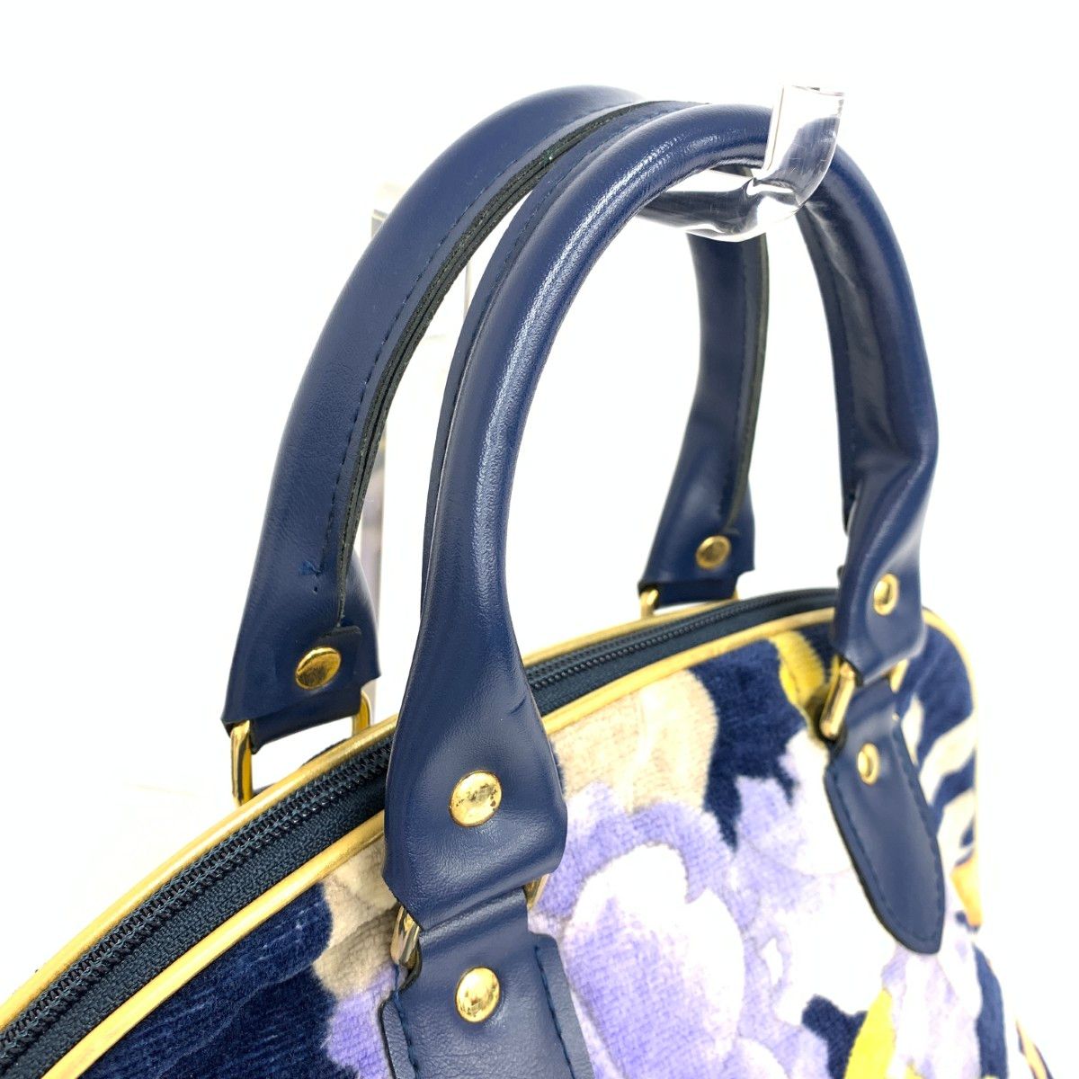 LEONARD レオナール ハンドバッグ ロゴ刺繍 花柄 パイル ネイビー