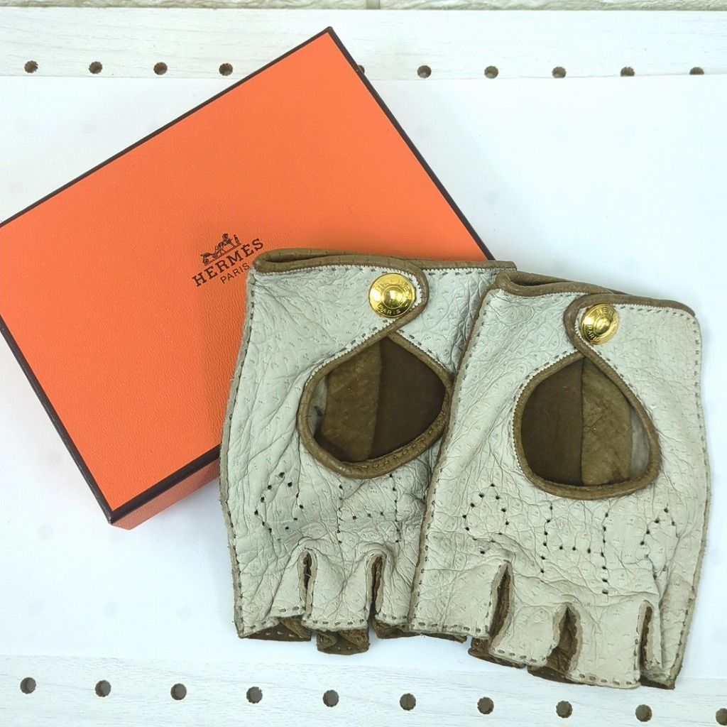 レディース HERMES エルメス ドライビング グローブ ブラウン ベージュ
