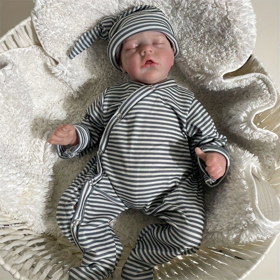 手作り＆リアル リボーンベビードール 16.5インチ 42 cm 3 Dスキン 血管描写 グレー ピンク 服 プレゼント 女の子 男の子 グレーストライプ