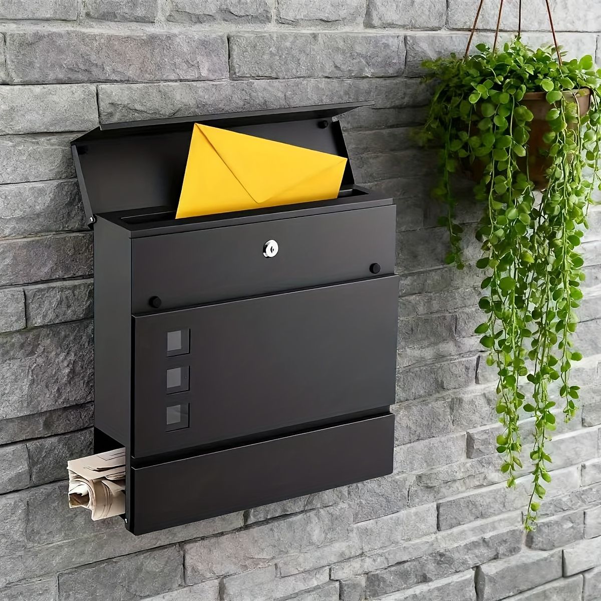 鍵付き＆壁掛け アイアンメールボックス 屋外対応 郵便受け 新聞受け ブラック メタル製 ヨーロピアンスタイル 壁掛けレターボックス 玄関 中庭 エクステリアに最適