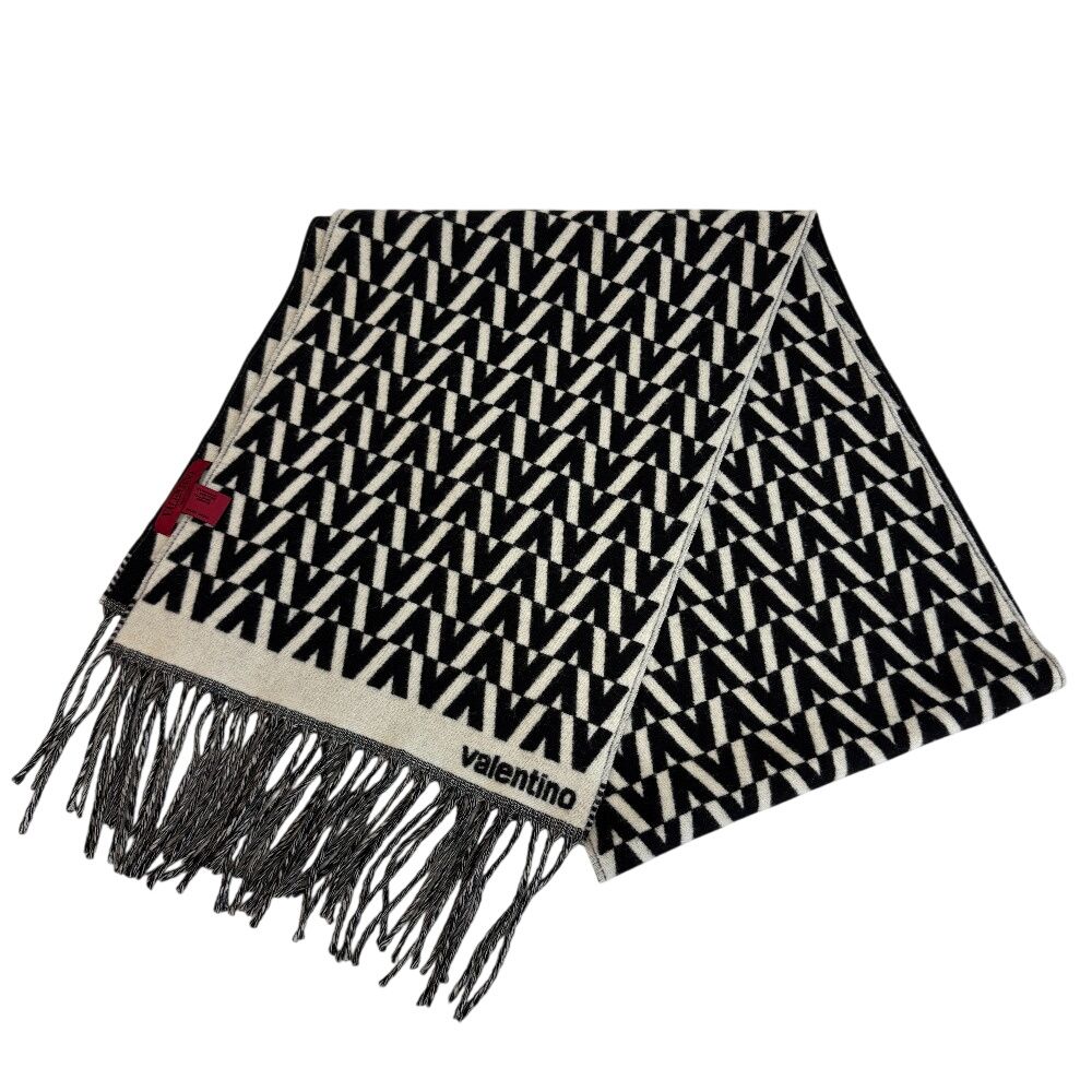 VALENTINO ヴァレンティノ Vロゴ 総柄 フリンジ マフラー ホワイト ユニセックス