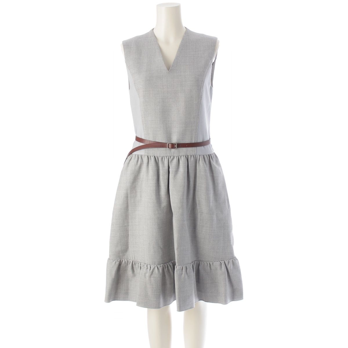 フォクシー 19年 ウール Vネック ノースリーブ ワンピース 40300 グレー 38