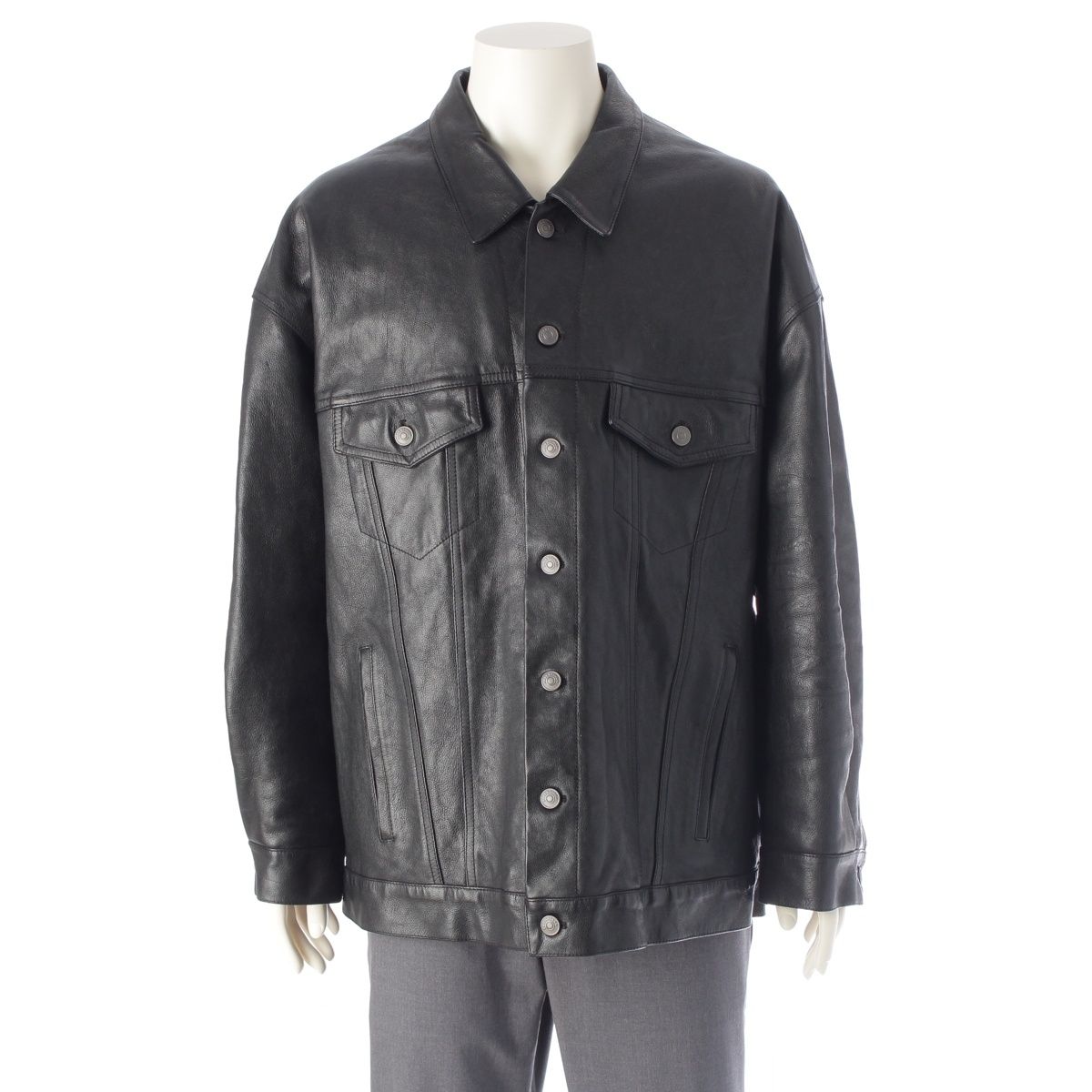 バレンシアガ デニムスタイル ボクシー レザー トラッカー ジャケット アウター 697776 ブラック XS