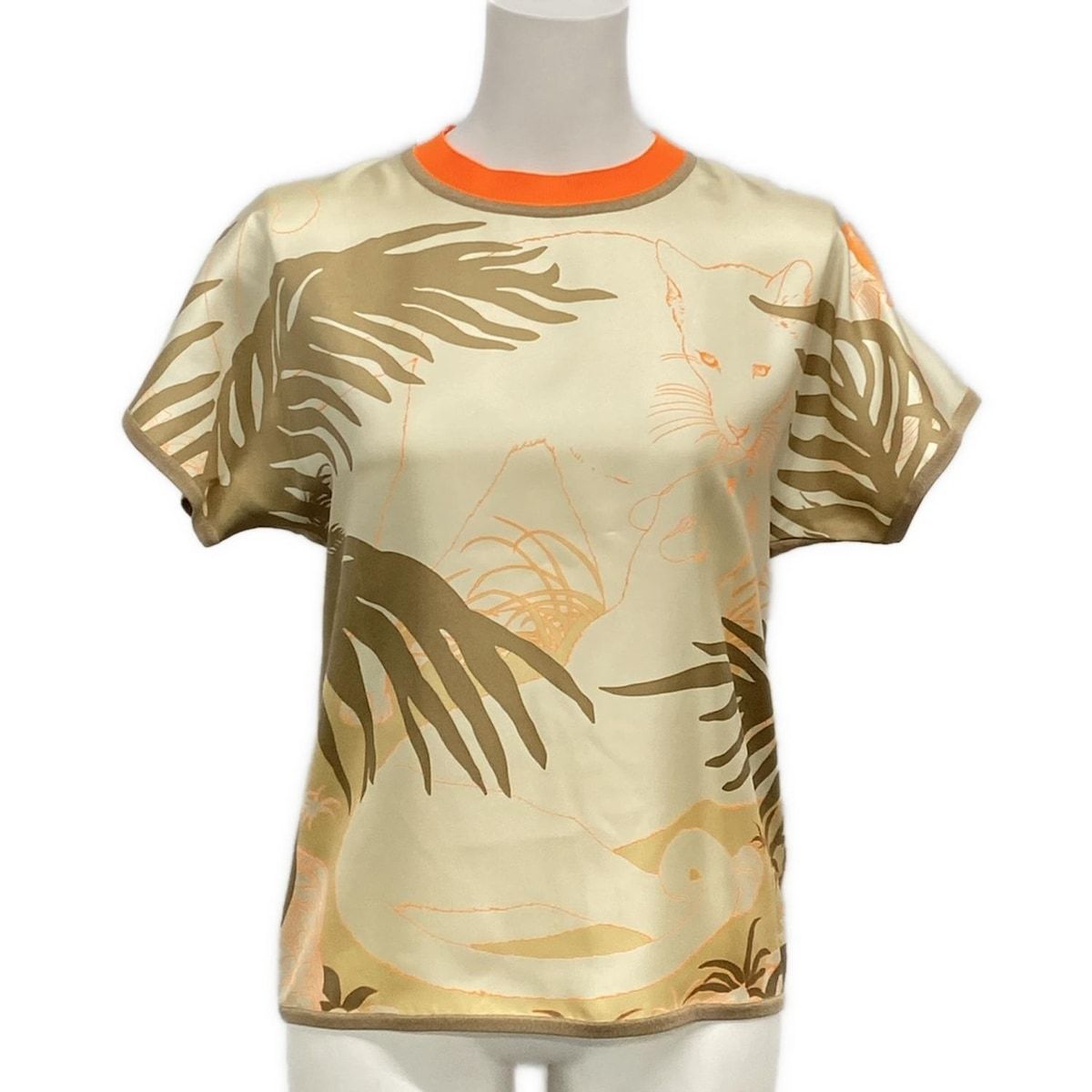 HERMES エルメス 半袖カットソー サイズ34 S レディース アイボリー グレーベージュ オレンジ シルク