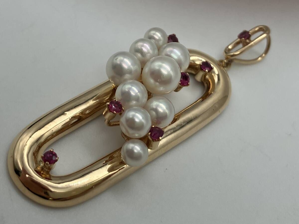 K 18 トップ パール調 赤石付き 18金ゴールド 大きめ 縦長 デザイントップ 総重量9.4 g チャーム アクセサリー
