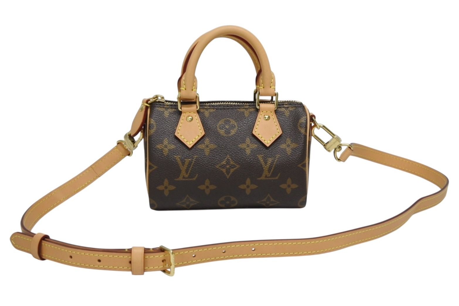 LOUIS VUITTON ルイヴィトン ナノ スピーディ 2 WAYバッグ モノグラム M 81085 ブラウン PVC レザー ゴールド金具 4 b 010367