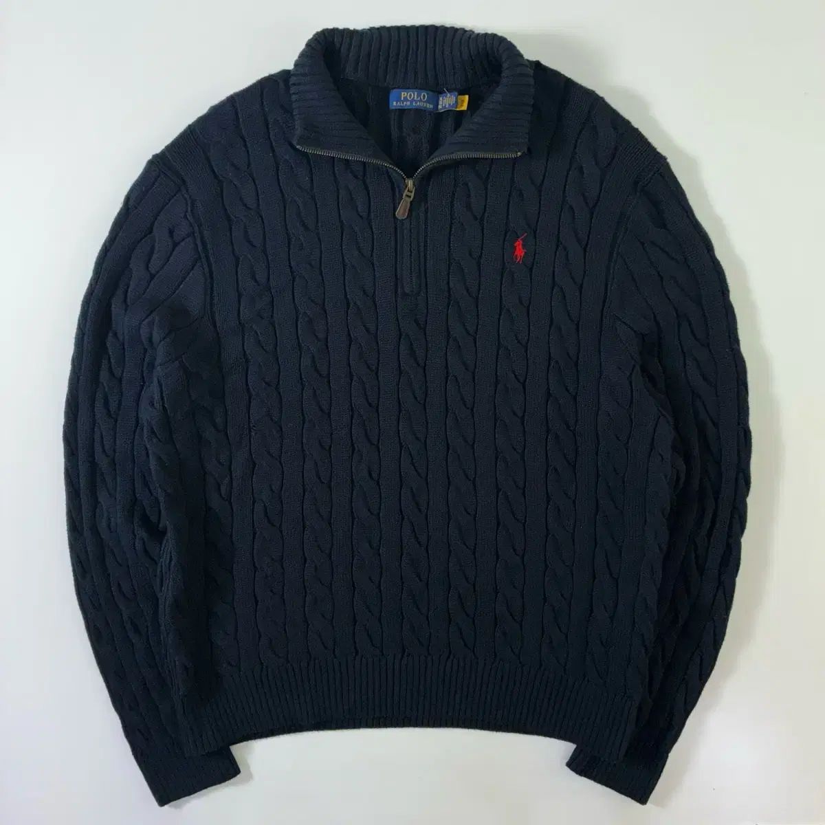 Polo ポロ ラルフローレン 刺繍 コットン ネイビー ケーブル編み ハーフジップ ニット