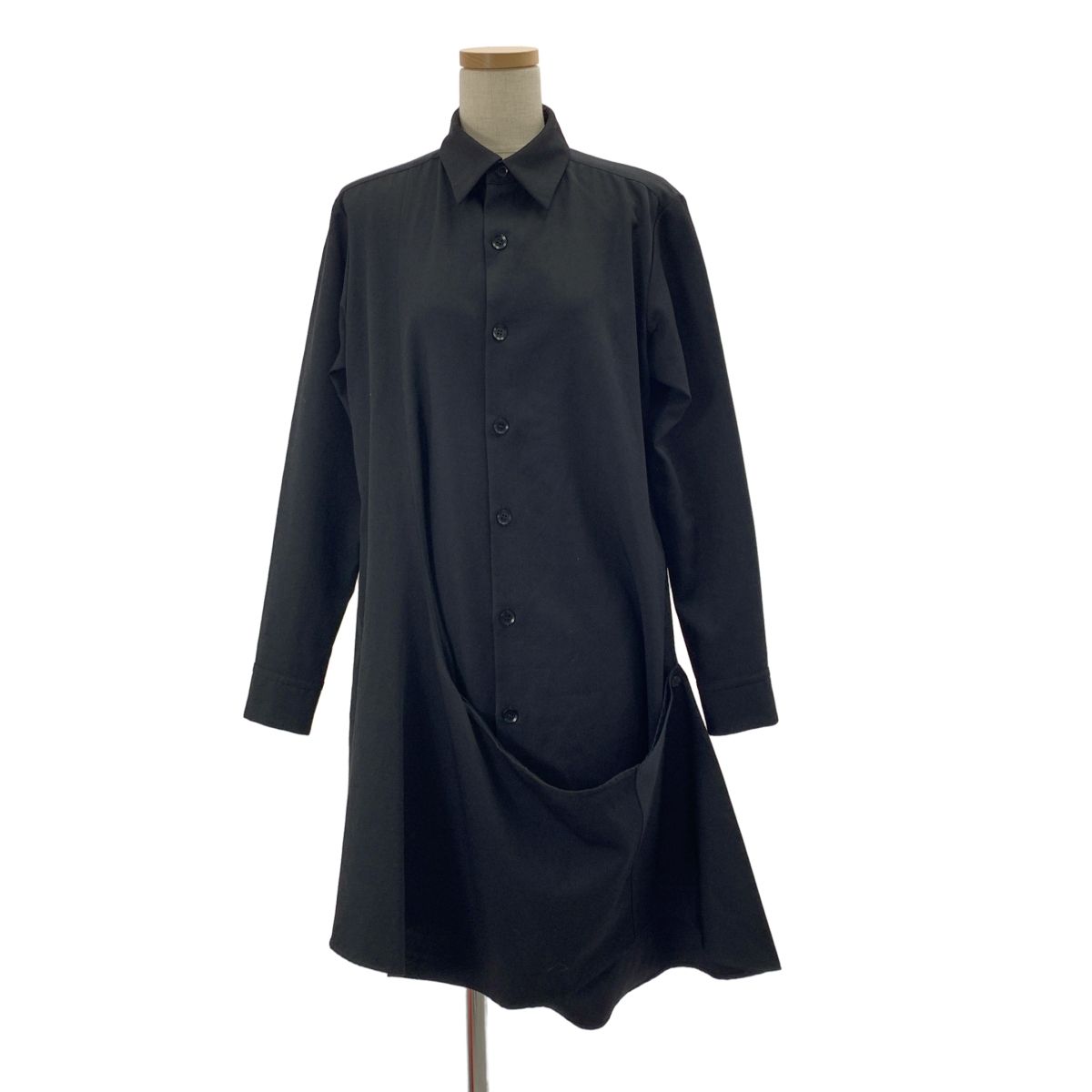 Y's ワイズ　ヨウジヤマモト　ロングシャツ　ワンピース　黒　ブラック　ギャバ Y's YOHJI YAMAMOTO (ワイズ ヨウジヤマモト) 強撚ギャバ開襟シャツドレス