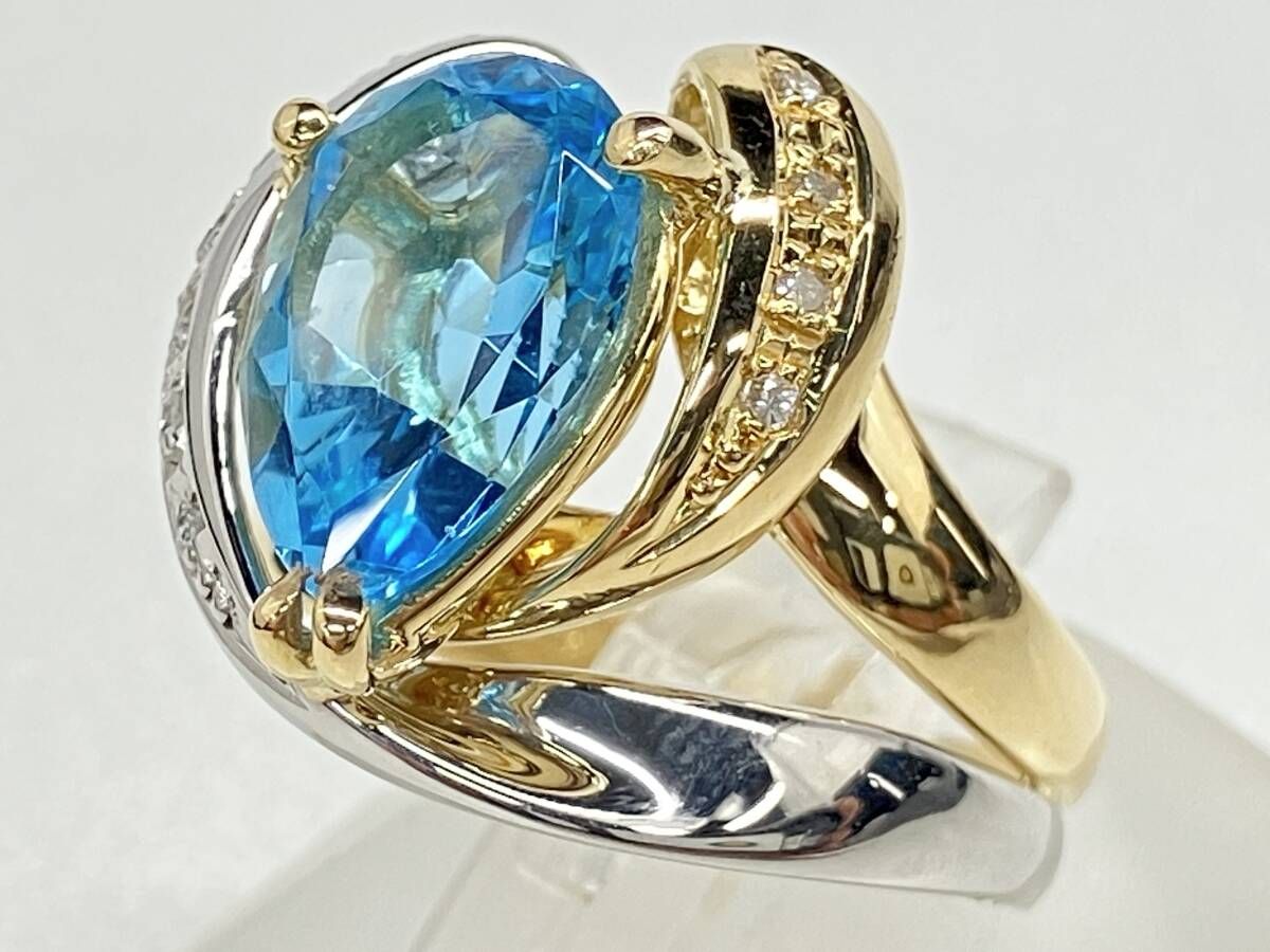 簡易鑑別書付 Pt 900 K 18 ダイヤモンド0.08 ct ブルートパーズリング 11号 9.1 g