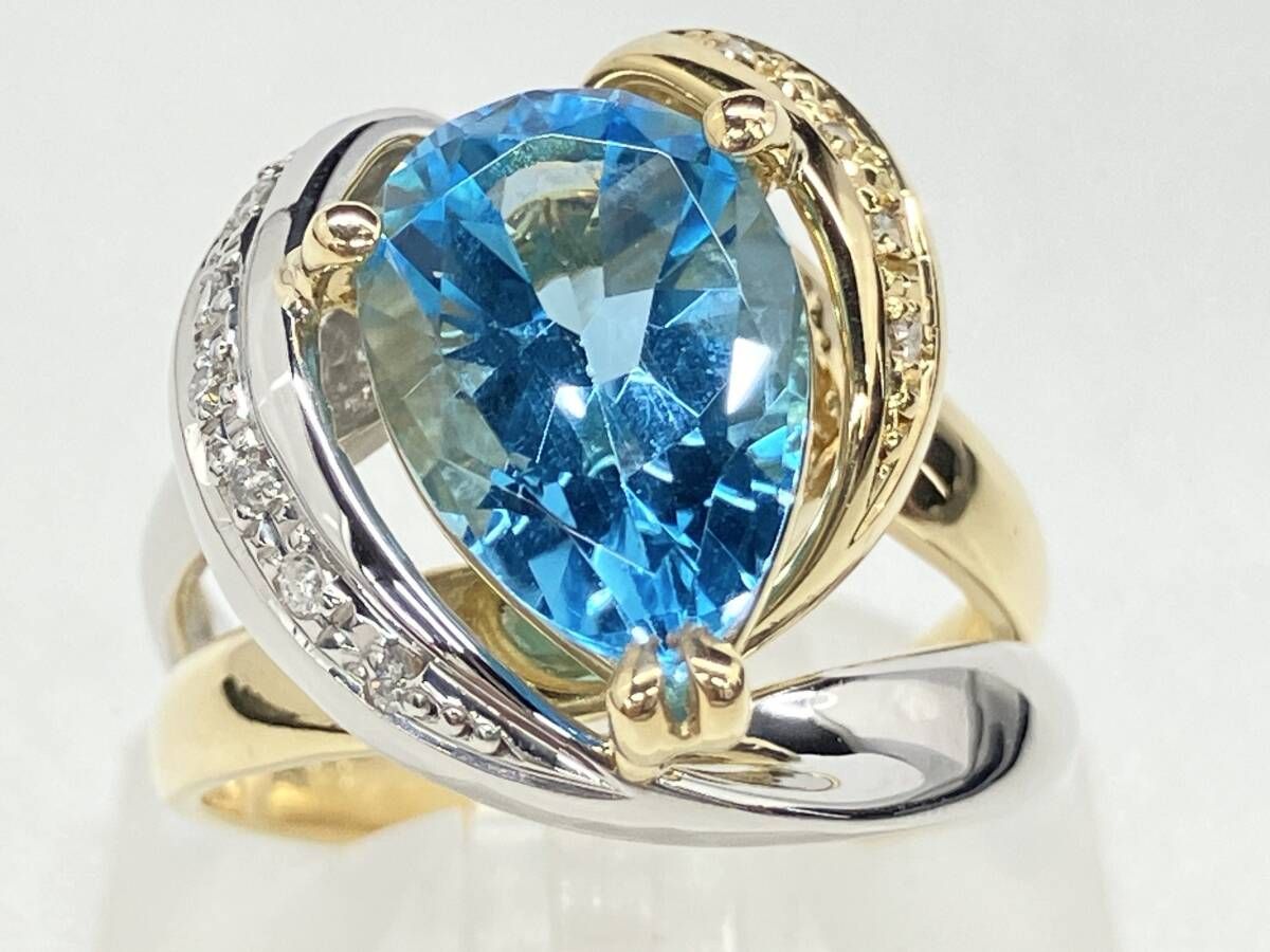 簡易鑑別書付 Pt 900 K 18 ダイヤモンド0.08 ct ブルートパーズリング 11号 9.1 g