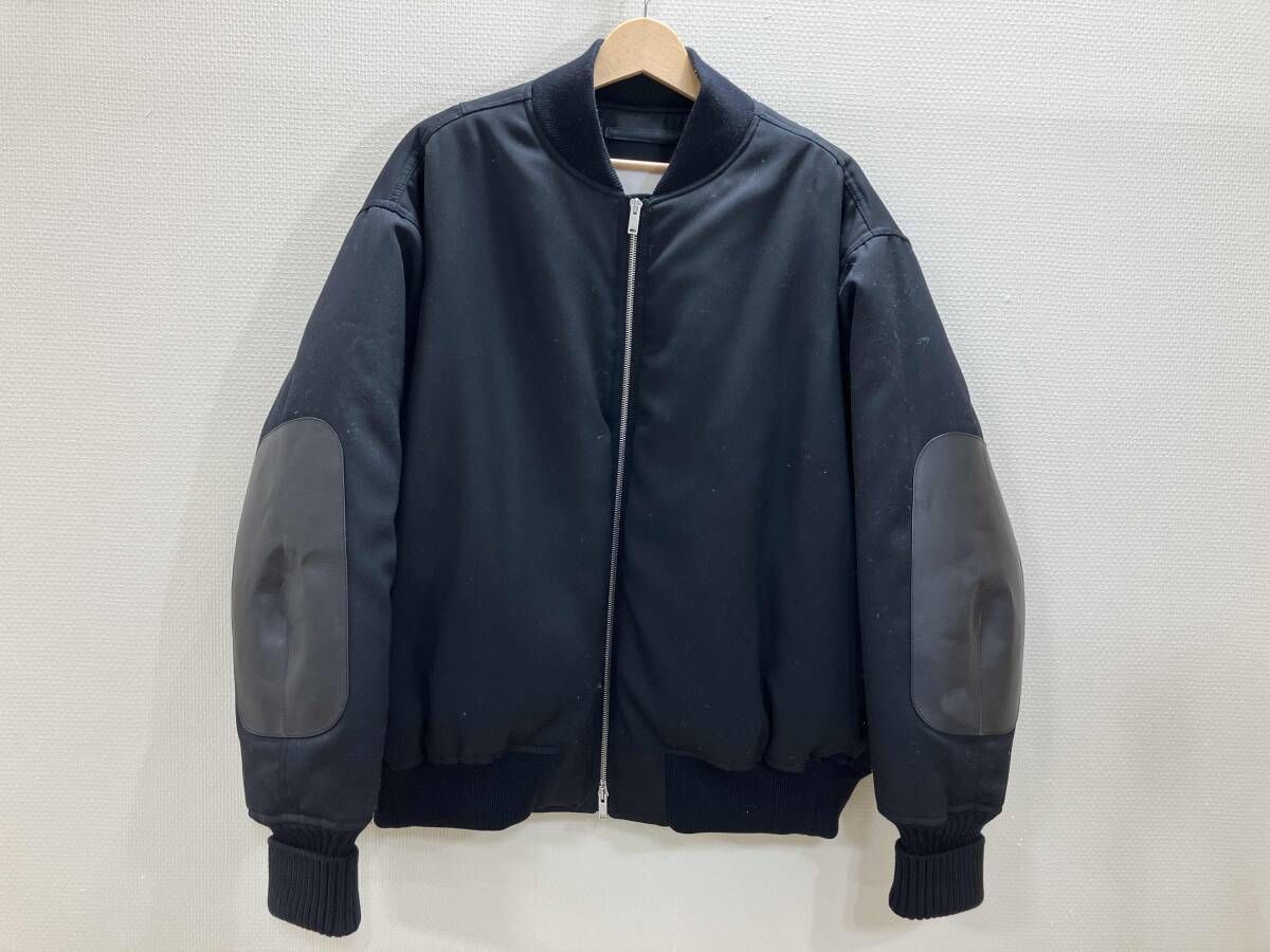 ジルサンダー 中綿ブルゾン 中綿アウター リアルレザーエルボーパッチ付き中綿アウター ウール中綿ブルゾン 黒 46 冬