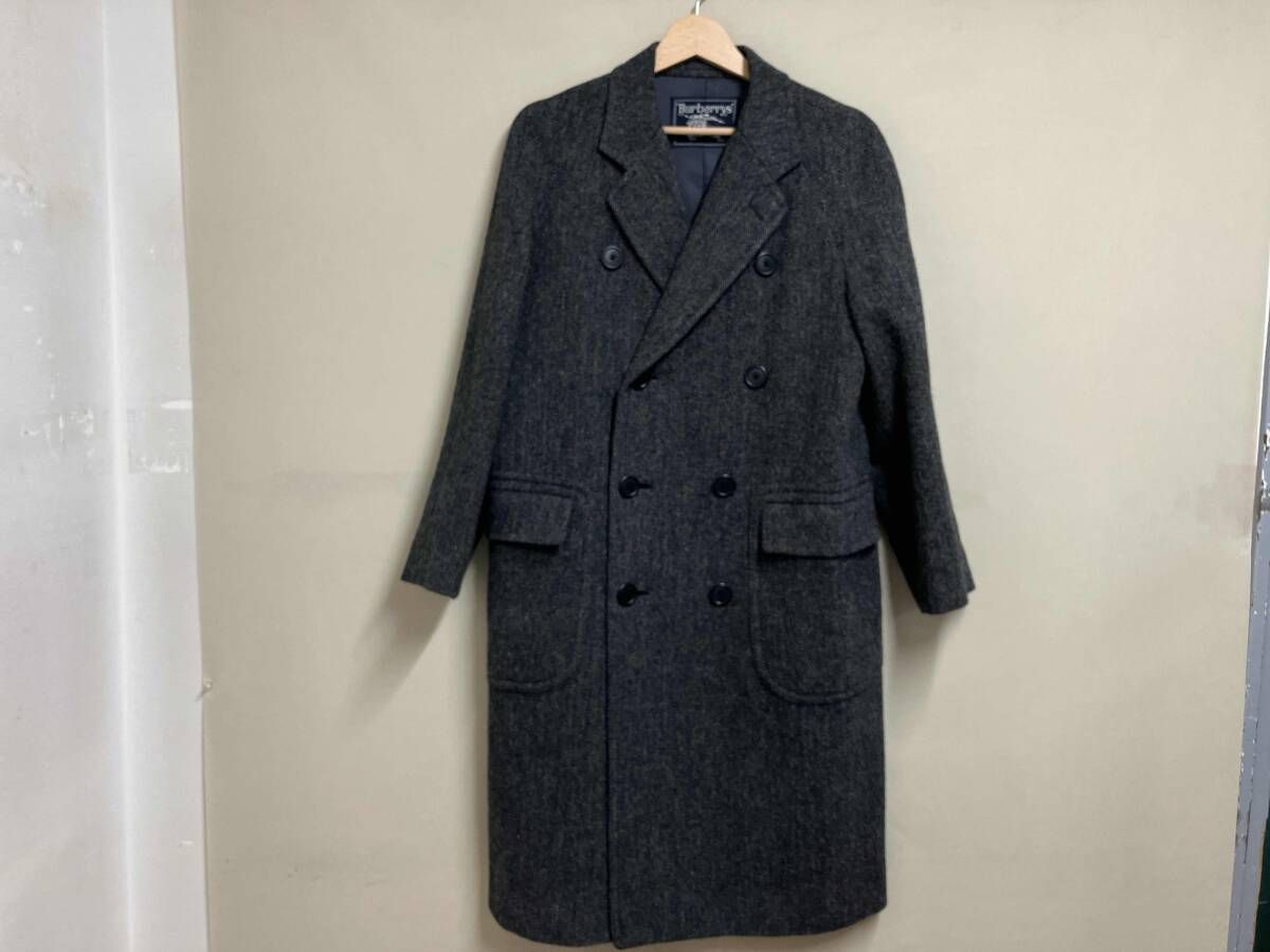 S バーバリーズ ダブルブレスト ロングコート ヘリンボーンツイル BRITISH TWEED イングランド製 C TK 83 ブラック