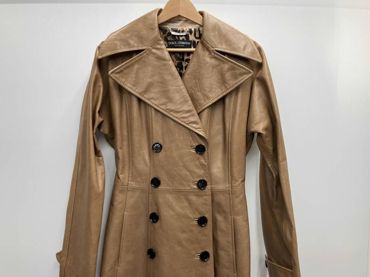 DOLCE-GABBANA ドルチェアンドガッバーナ レザートレンチコート キャメル 裏地レオパード インポート イタリア製 サイズ42