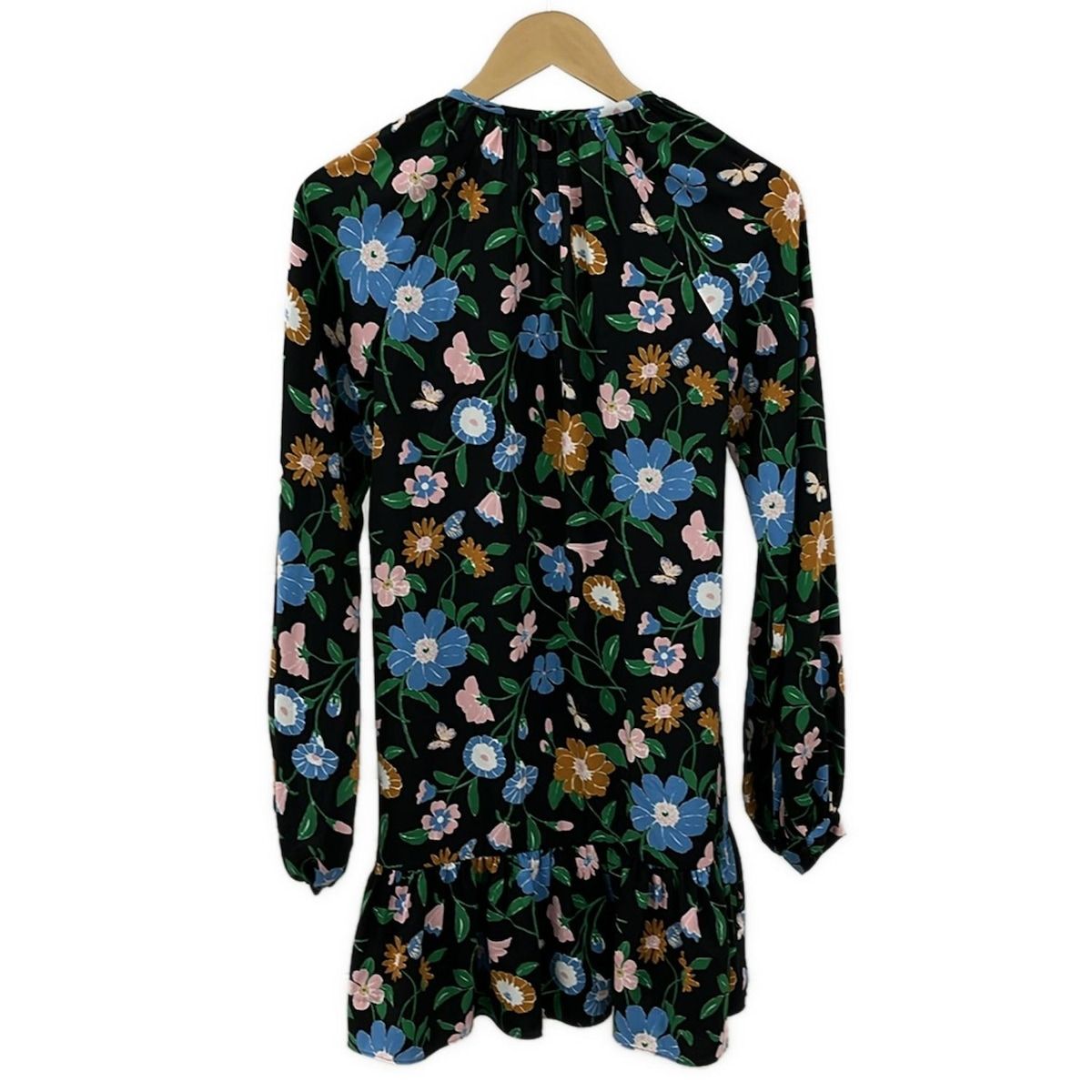 Kate spade ケイトスペード ワンピース サイズXS レディース - 黒×ブルーグレー×マルチ Vネック 長袖 ひざ丈 花柄