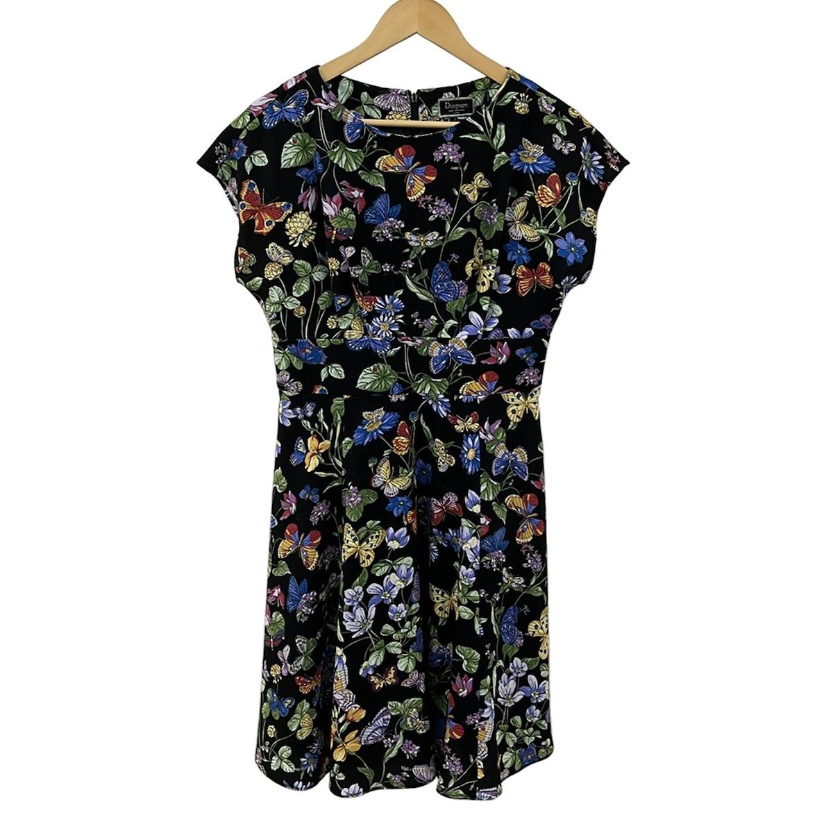 ダイアグラム ワンピース サイズ38 M レディース 黒 ブルー マルチ 半袖 ひざ丈 花柄 バタフライ 蝶 柄