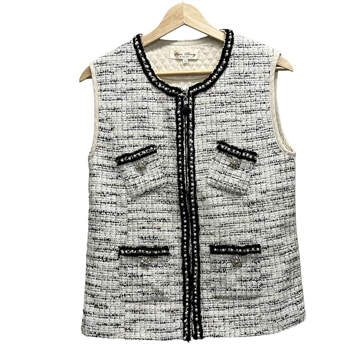 スーパービューティー ベスト サイズ38 M レディース 白 黒 アイボリー キルティング ツイード パール ビジュー